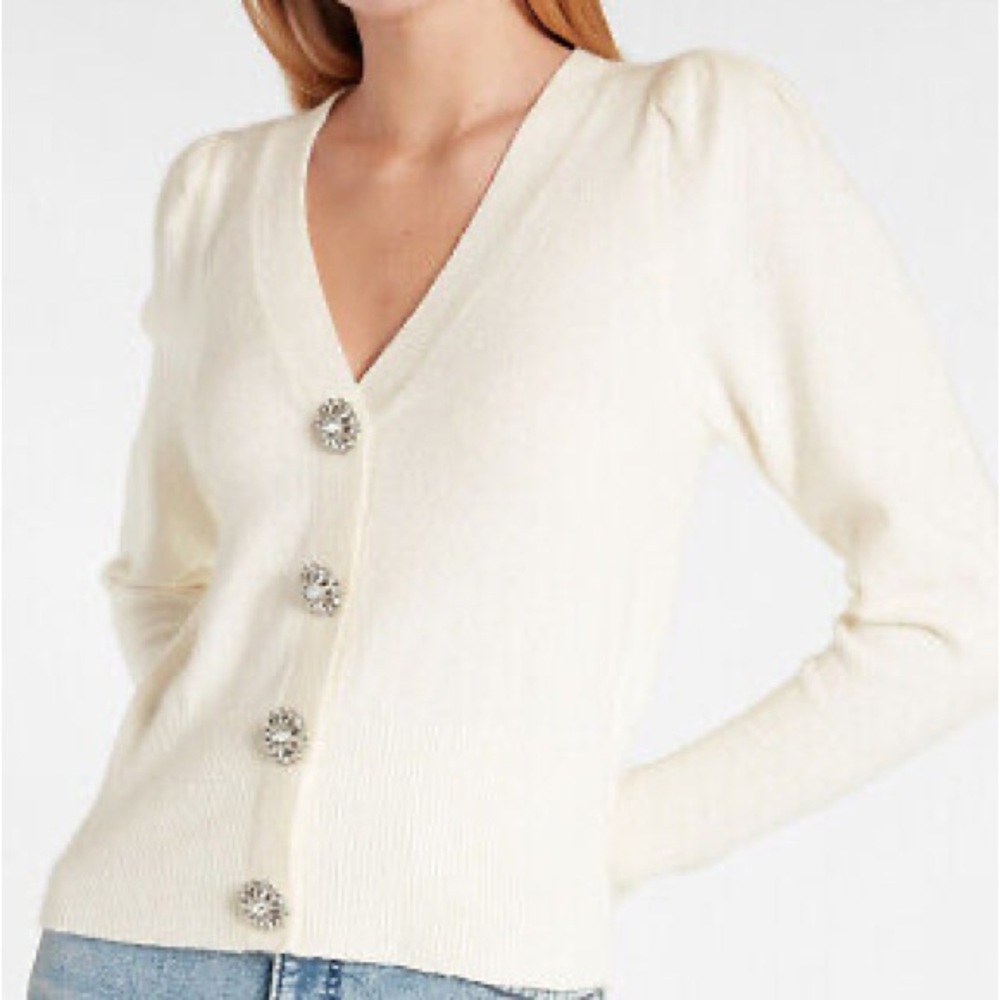 EXPRESS JEWEL EMBELLISHED FAUX BUTTON PUFF SLEEVE Cardigan